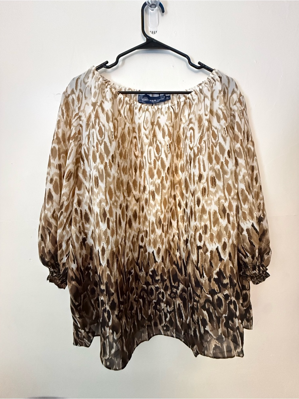 Susan Graver Brown and Cream Printed Peasant Blouse